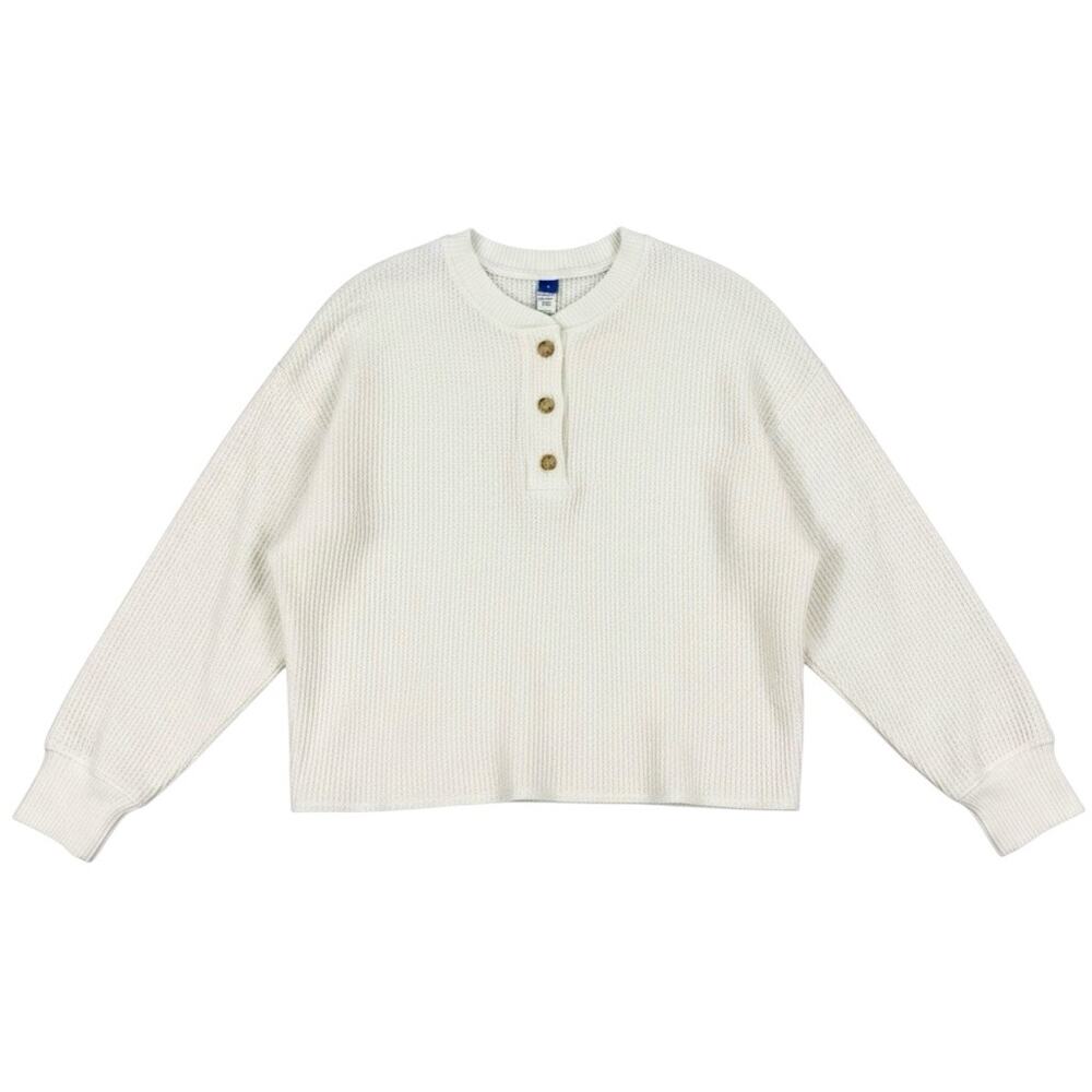 OLD NAVY Women's HENLEY Shirt Long Sleeve THERMAL WAFFLE KNIT White Size LARGE